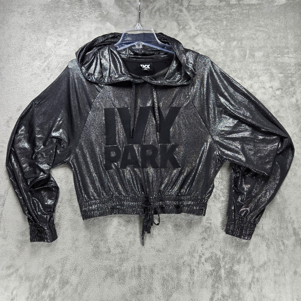 IVY PARK Metallic Shimmer Cropped Hoodie Black Silver Logo Size XS